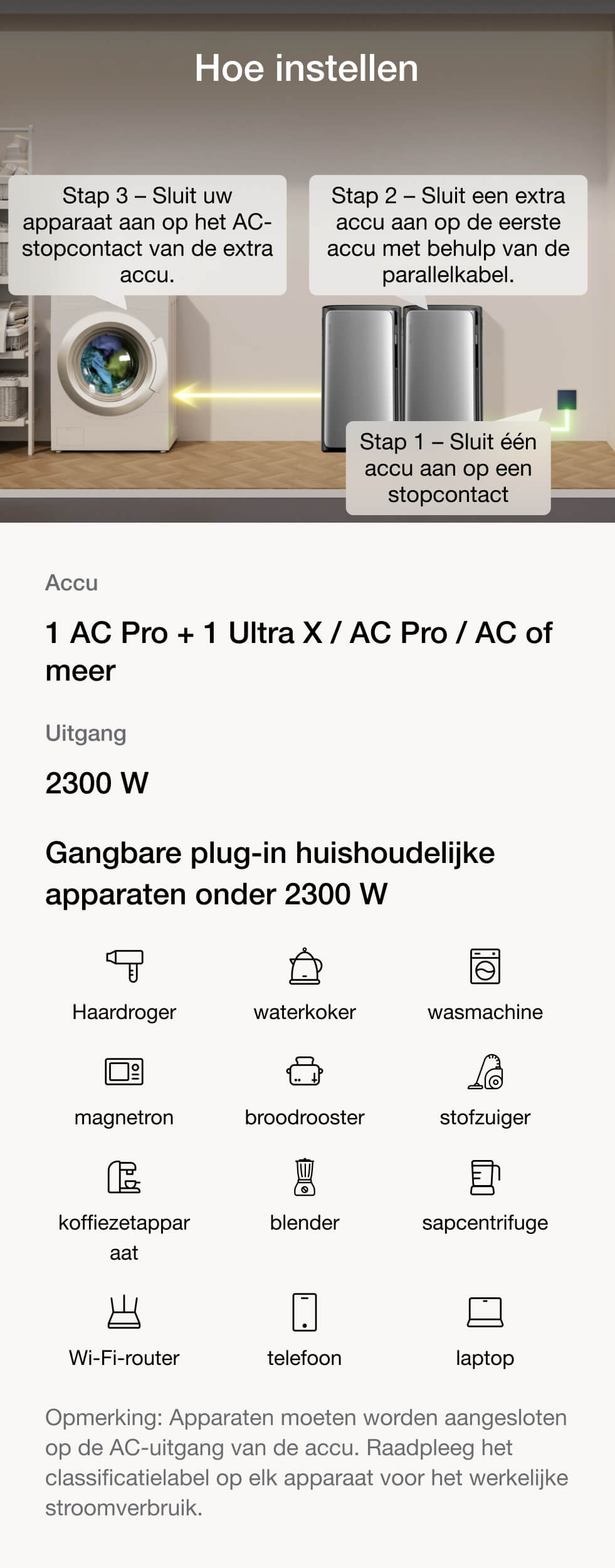 3 eenvoudige instellingen met AC-vermogen tot 2300 W om uw apparaten te gebruiken zoals u dat wilt