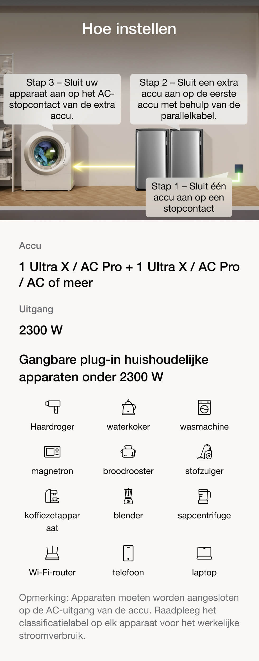 3 eenvoudige instellingen met AC-vermogen tot 2300 W om uw apparaten te gebruiken zoals u dat wilt