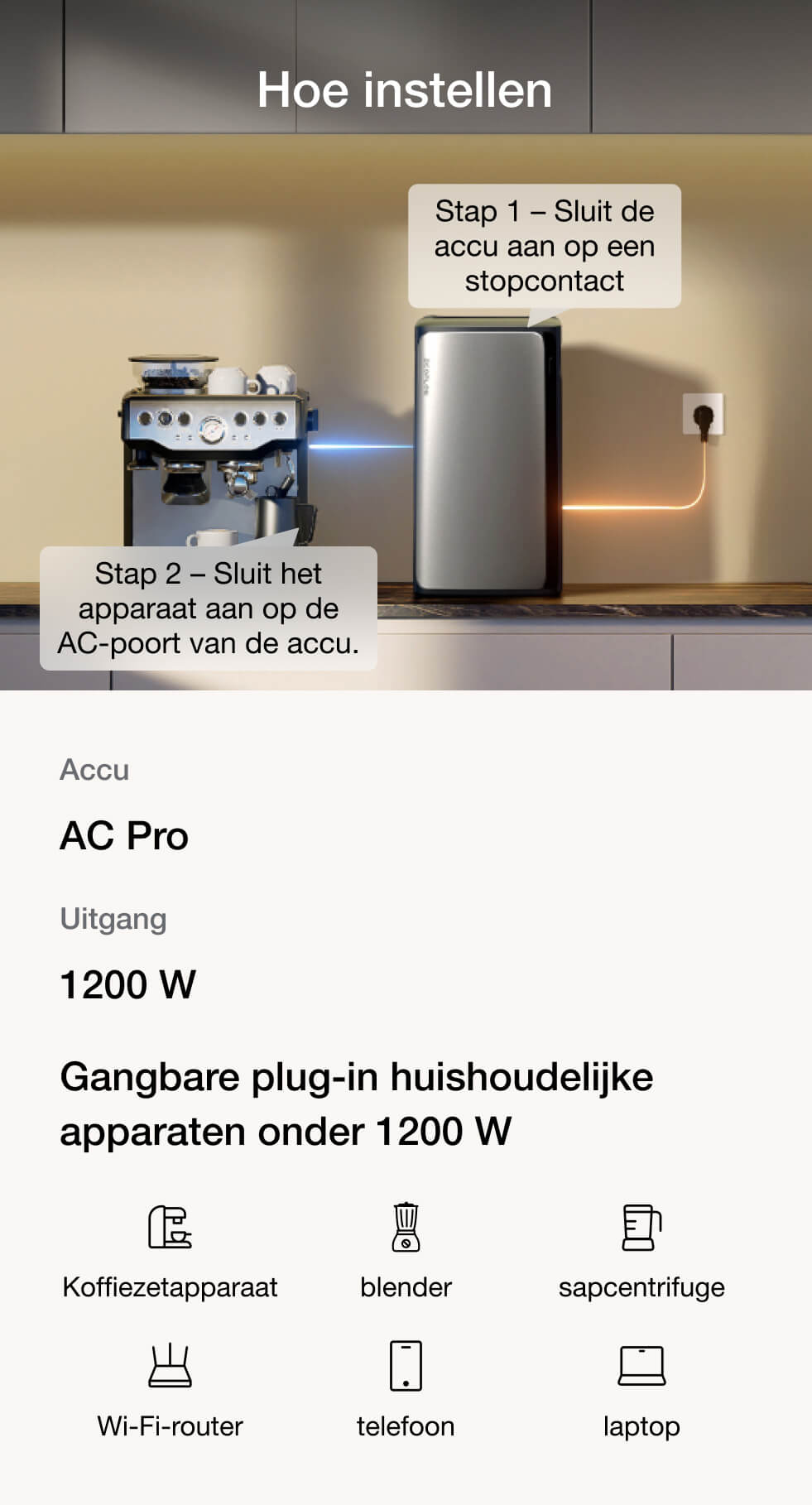 3 eenvoudige instellingen met AC-vermogen tot 2300 W om uw apparaten te gebruiken zoals u dat wilt