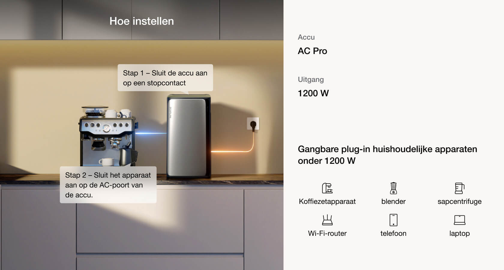 3 eenvoudige instellingen met AC-vermogen tot 2300 W om uw apparaten te gebruiken zoals u dat wilt