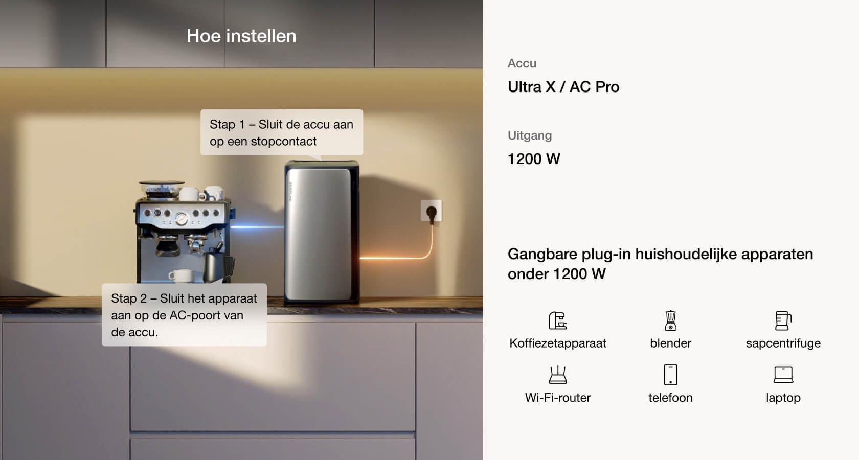 3 eenvoudige instellingen met AC-vermogen tot 2300 W om uw apparaten te gebruiken zoals u dat wilt
