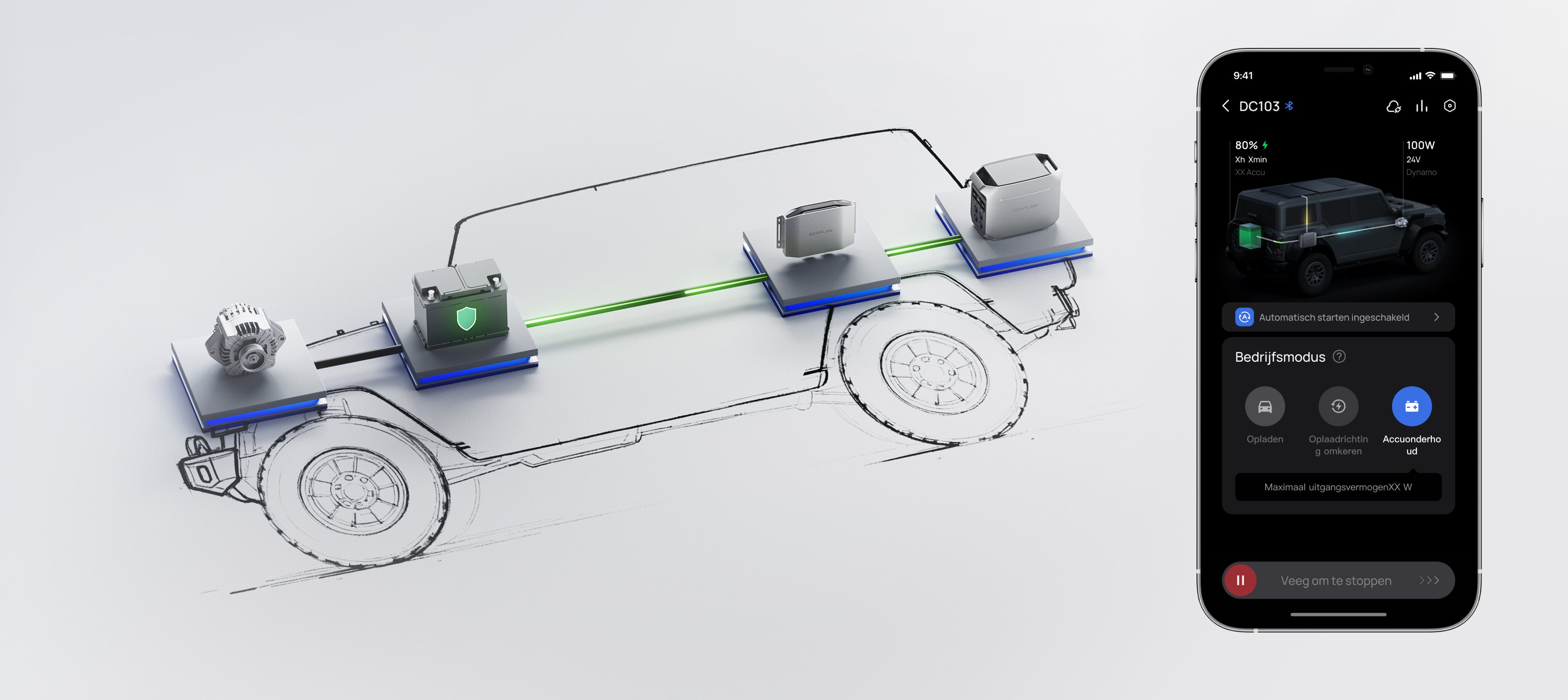 Omgekeerd opladen voor bescherming van de accu van de auto