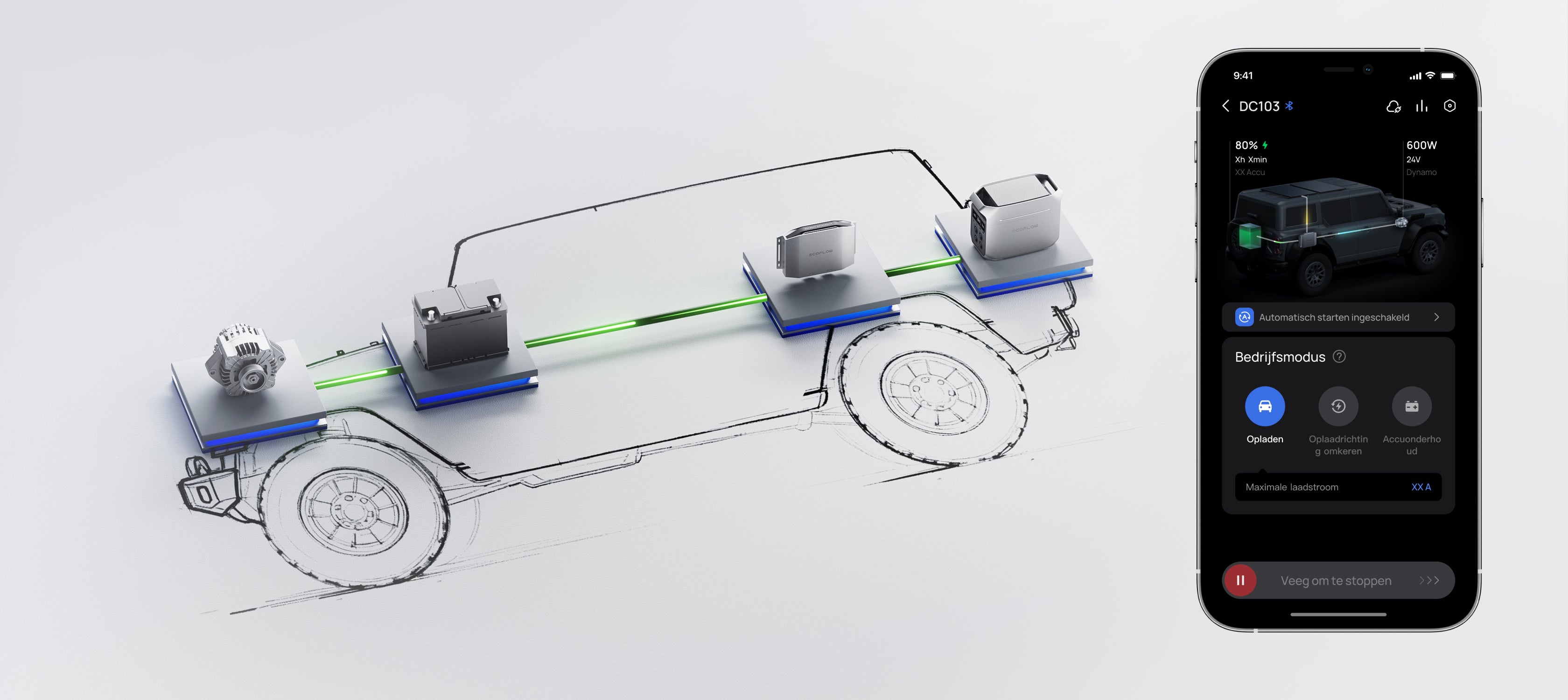 Omgekeerd opladen voor bescherming van de accu van de auto