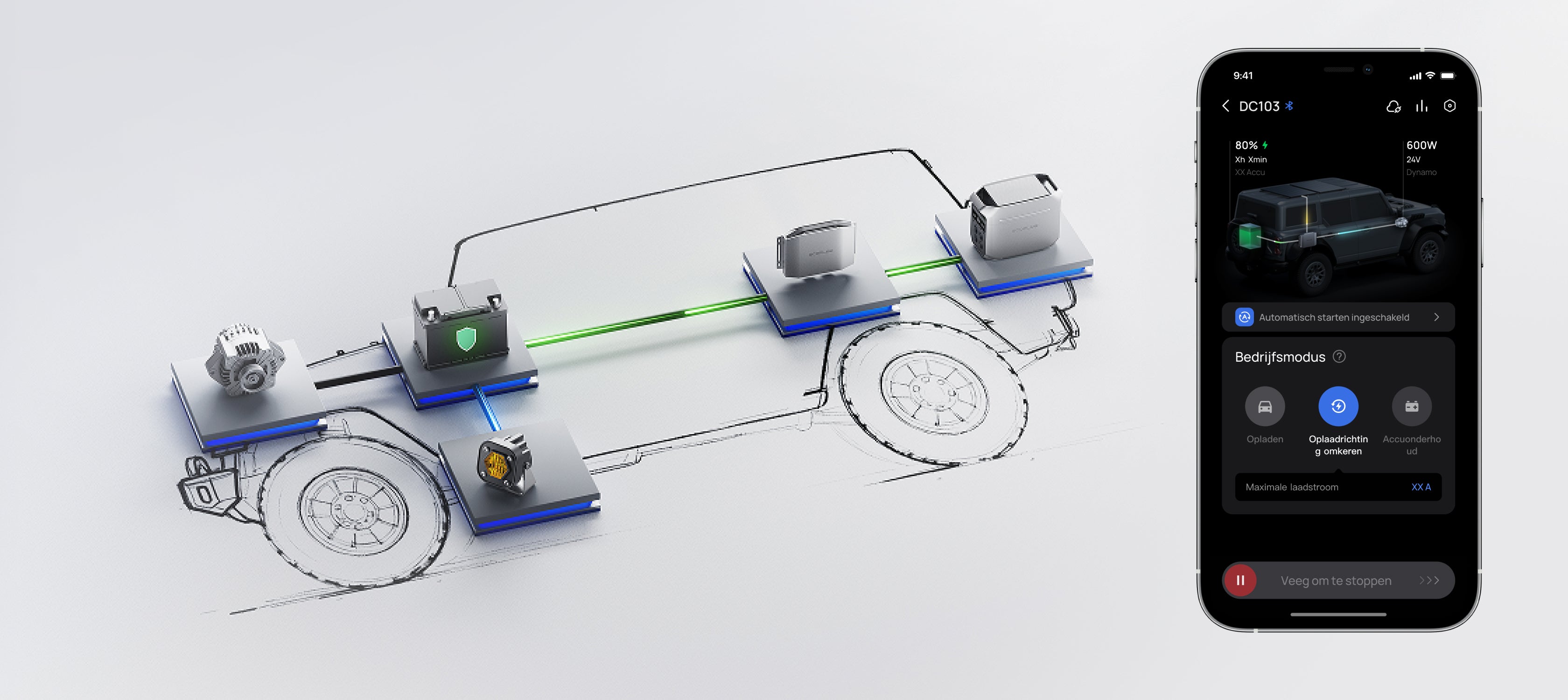 Omgekeerd opladen voor bescherming van de accu van de auto